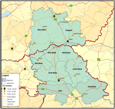 A magyar–szerb határon átnyúló együttműködés támogatásra jogosult területei (Forrás: Programdokumentum Magyarország-Szerbia IPA Határon Átnyúló Együttműködési Program 2007-2013)